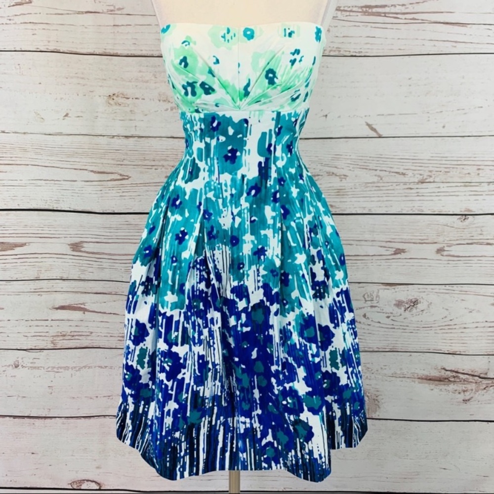 Calvin Klein floral blue green strapless dress